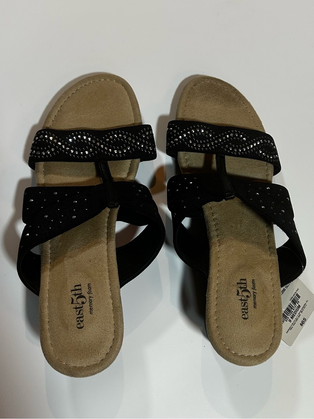 East 5th Black Rhinestone Memory Foam Wedge Slide Sandals Womens 9M